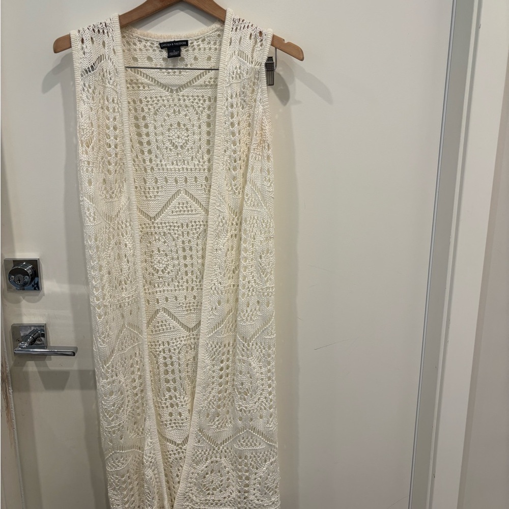 Chelsea & Theodore Cream Crochet Sleeveless long vest .